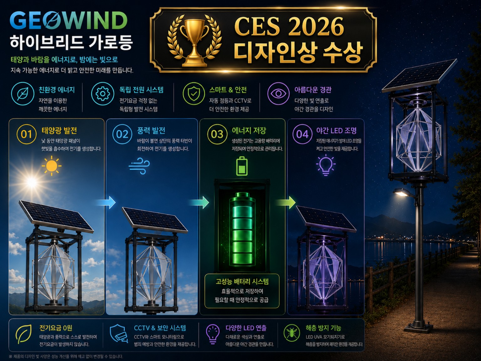 태양광 발전, 풍력 발전, 에너지 저장, 야간 LED 조명으로 이어지는 지오윈드 하이브리드 가로등 작동 과정